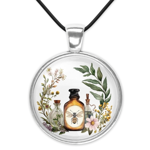 None Jewelry - Botanical Pendant Necklace with Bee Design 1 Inch